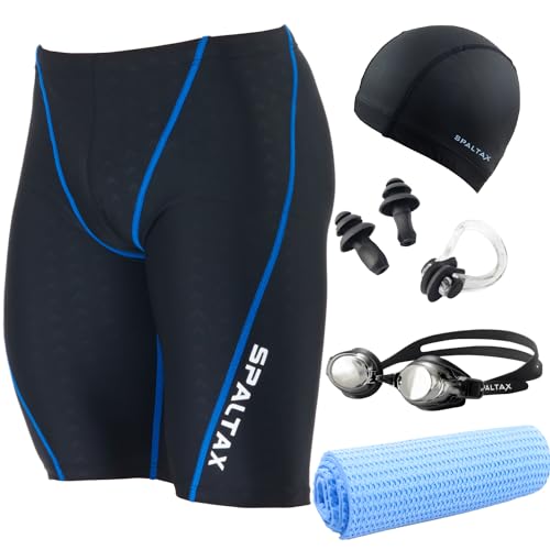 スパルタックス メンズ 水着 セット 競泳水着 スイムウェア ゴーグル スイムキャップ 耳栓 セームタオル (M, ブラック×ブルー)